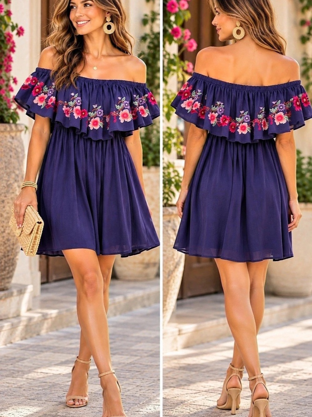 NWT Umgee Navy Floral Embroidered Off Shoulder Ruffle Dress M